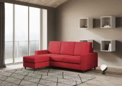 Divano 208x85cm design a tre posti con bracciolo moderno quadrato e pouf rosso DI17