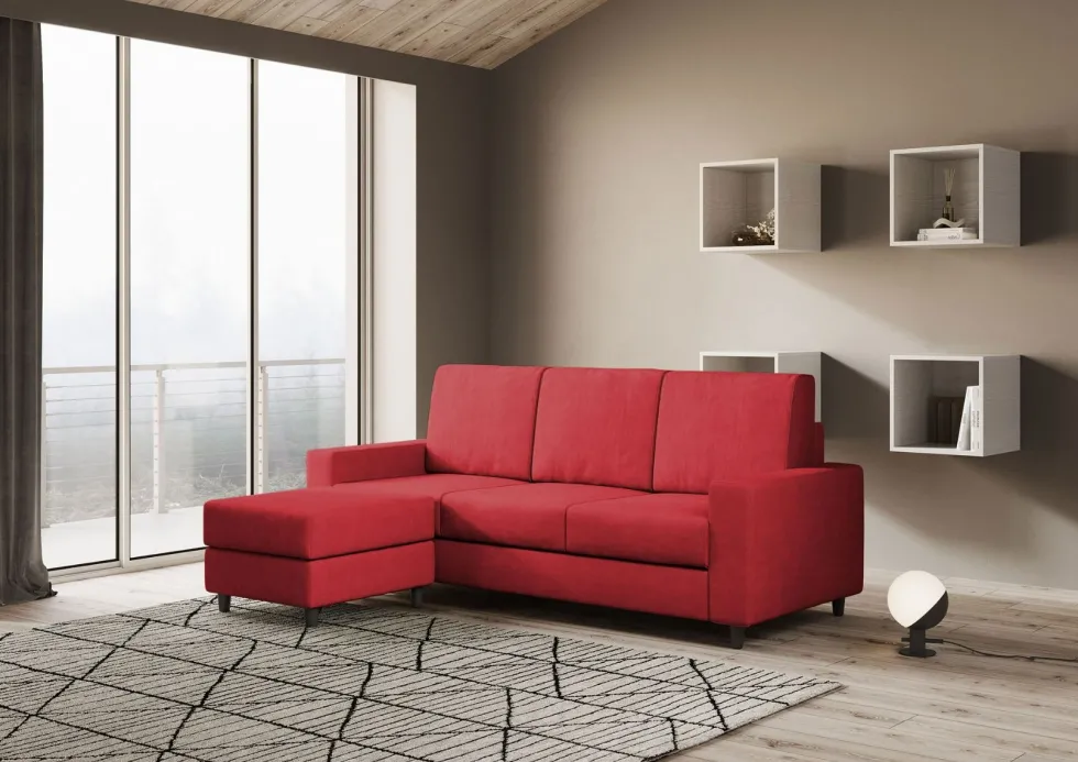 Divano 208x85cm design a tre posti con bracciolo moderno quadrato e pouf rosso DI17