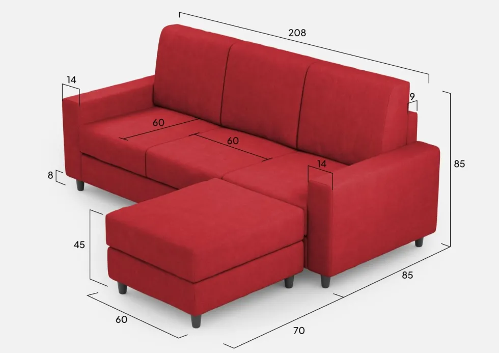 Divano 208x85cm design a tre posti con bracciolo moderno quadrato e pouf rosso DI17