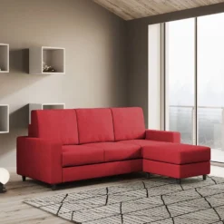 Divano 208x85cm design a tre posti con bracciolo moderno quadrato e pouf rosso DI17