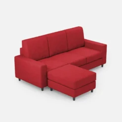 Divano 208x85cm design a tre posti con bracciolo moderno quadrato e pouf rosso DI17