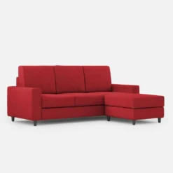 Divano 208x85cm design a tre posti con bracciolo moderno quadrato e pouf rosso DI17