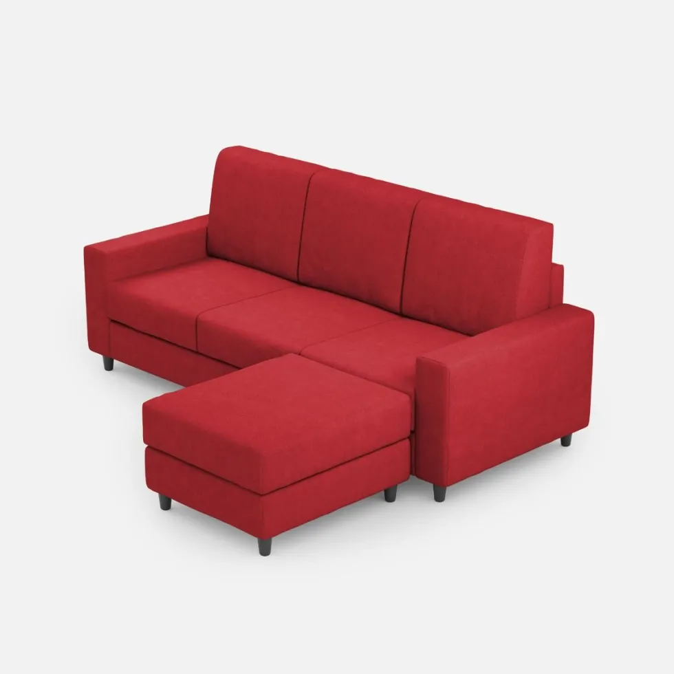 Divano 208x85cm design a tre posti con bracciolo moderno quadrato e pouf rosso DI17