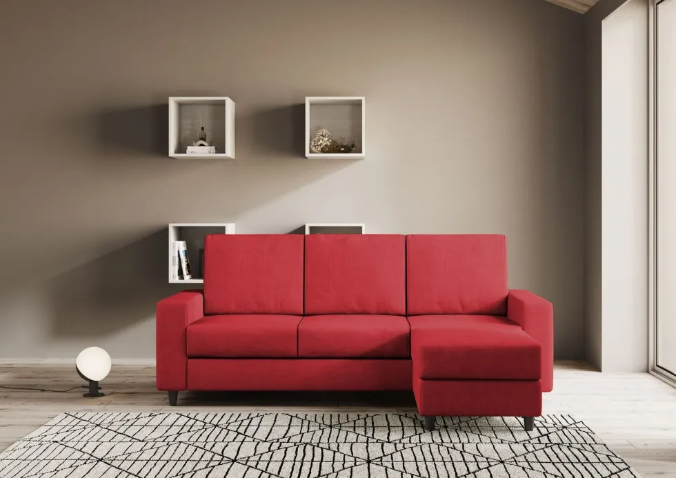 Divano 208x85cm design a tre posti con bracciolo moderno quadrato e pouf rosso DI17