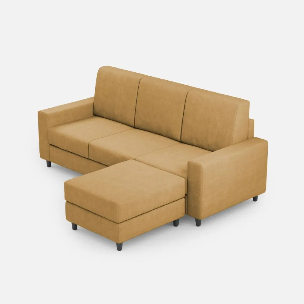 Divano 208x85cm design a tre posti con bracciolo moderno quadrato e pouf ocra DI17