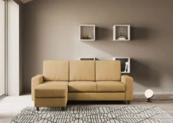 Divano 208x85cm design a tre posti con bracciolo moderno quadrato e pouf ocra DI17
