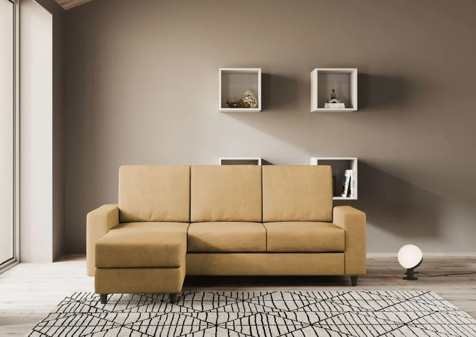 Divano 208x85cm design a tre posti con bracciolo moderno quadrato e pouf ocra DI17