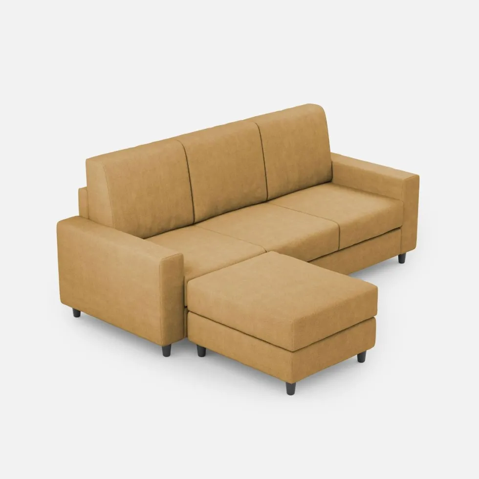 Divano 208x85cm design a tre posti con bracciolo moderno quadrato e pouf ocra DI17