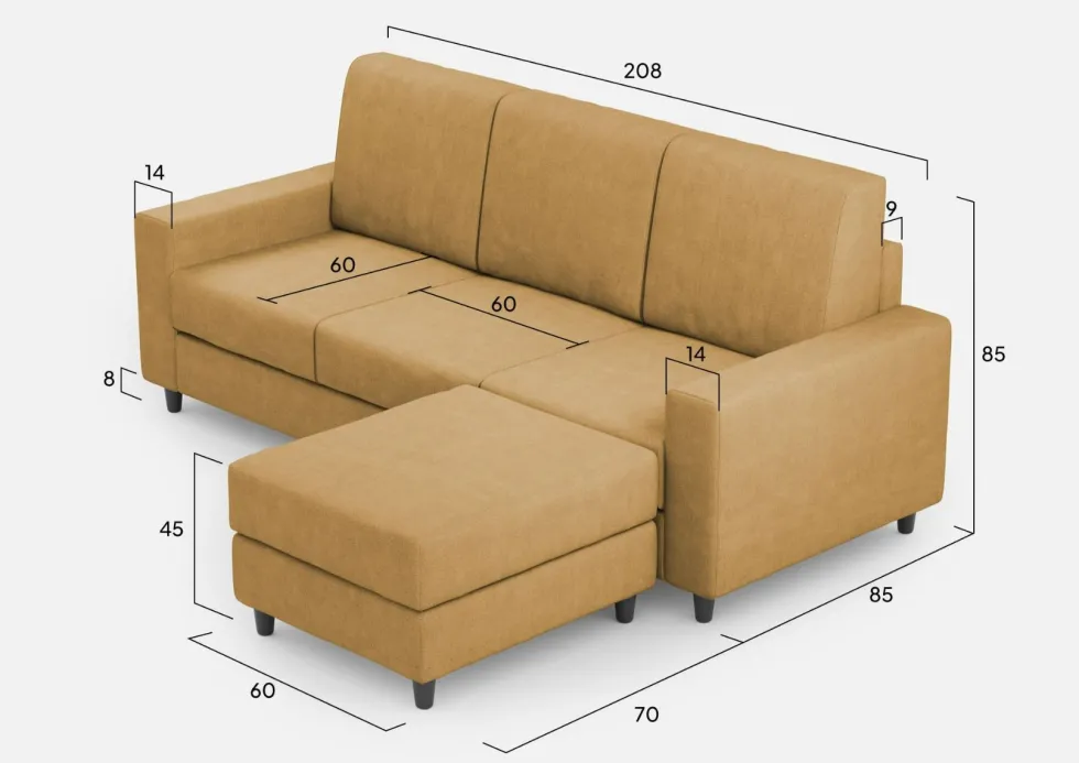 Divano 208x85cm design a tre posti con bracciolo moderno quadrato e pouf ocra DI17