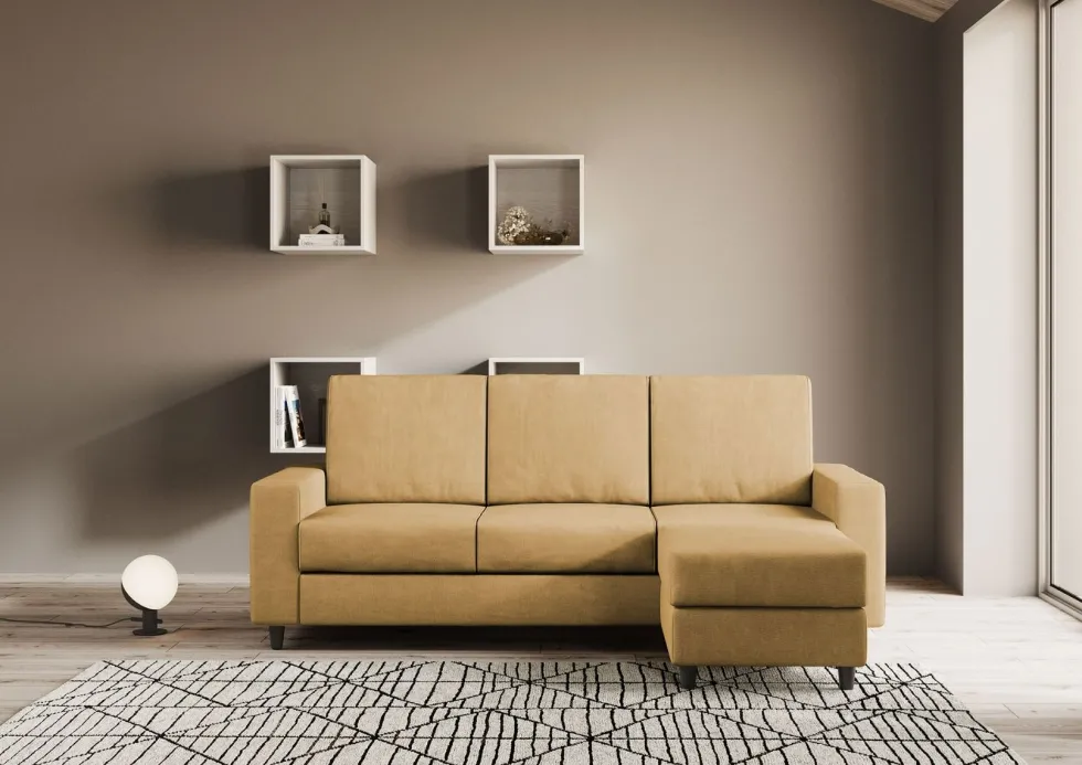 Divano 208x85cm design a tre posti con bracciolo moderno quadrato e pouf ocra DI17