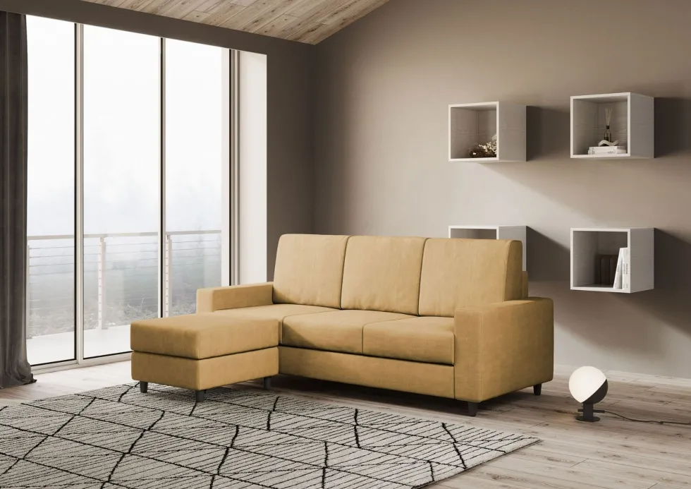 Divano 208x85cm design a tre posti con bracciolo moderno quadrato e pouf ocra DI17