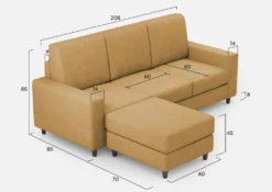 Divano 208x85cm design a tre posti con bracciolo moderno quadrato e pouf ocra DI17