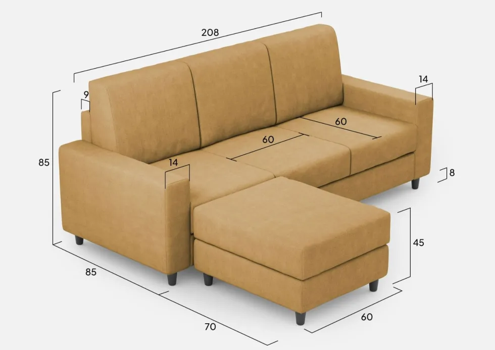 Divano 208x85cm design a tre posti con bracciolo moderno quadrato e pouf ocra DI17