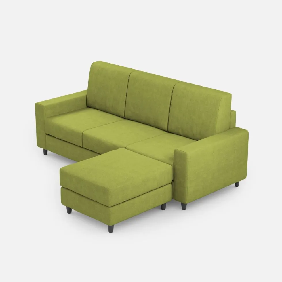 Divano 208x85cm design a tre posti con bracciolo moderno quadrato e pouf verde DI17