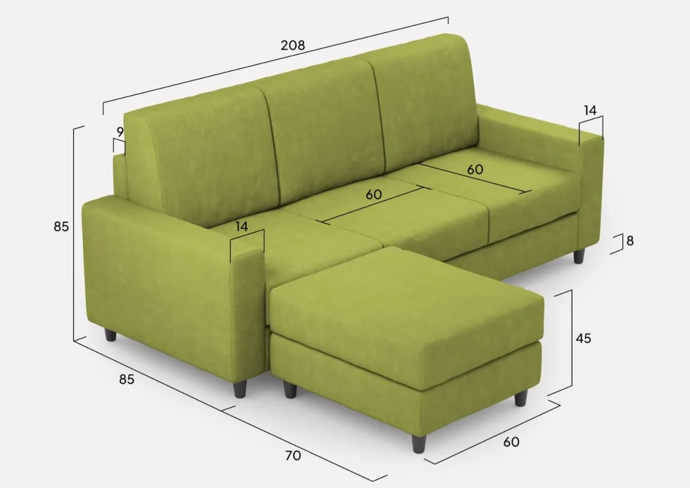 Divano 208x85cm design a tre posti con bracciolo moderno quadrato e pouf verde DI17