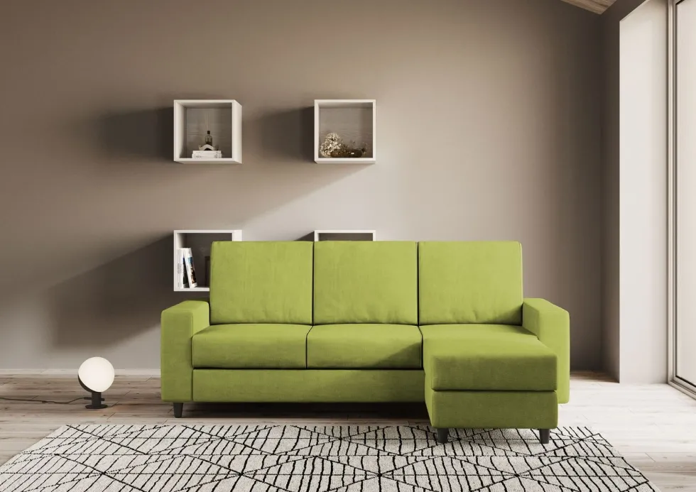 Divano 208x85cm design a tre posti con bracciolo moderno quadrato e pouf verde DI17