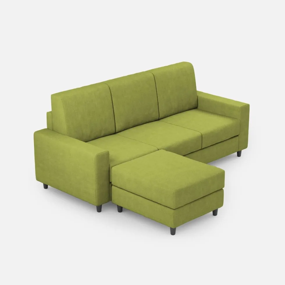 Divano 208x85cm design a tre posti con bracciolo moderno quadrato e pouf verde DI17