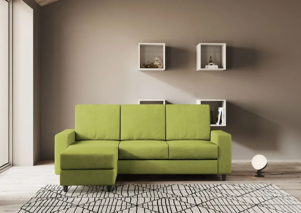 Divano 208x85cm design a tre posti con bracciolo moderno quadrato e pouf verde DI17