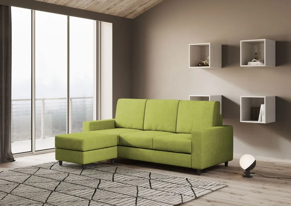 Divano 208x85cm design a tre posti con bracciolo moderno quadrato e pouf verde DI17