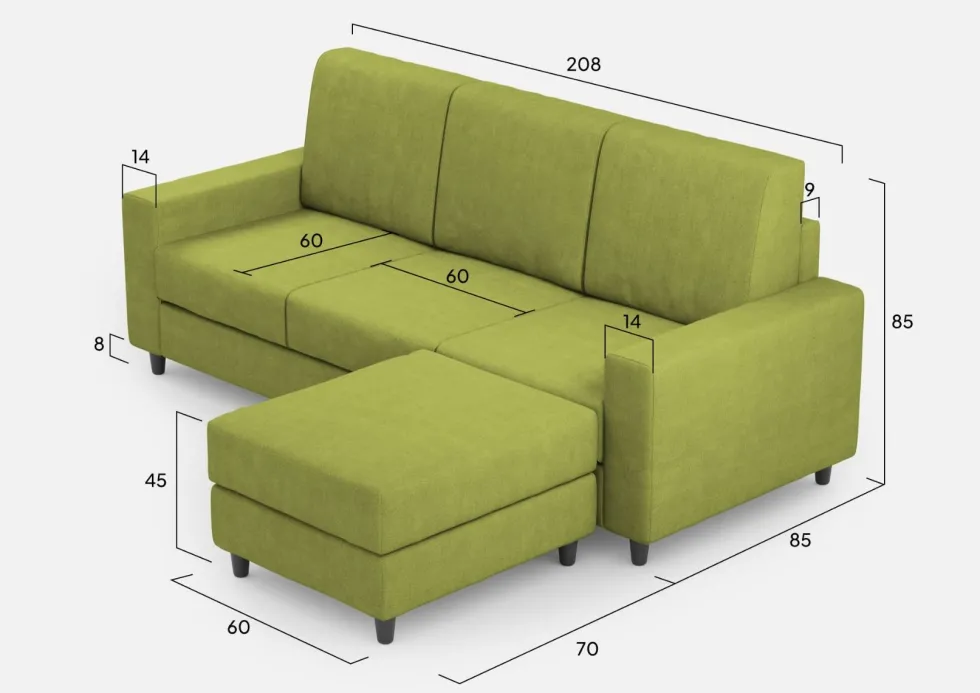 Divano 208x85cm design a tre posti con bracciolo moderno quadrato e pouf verde DI17