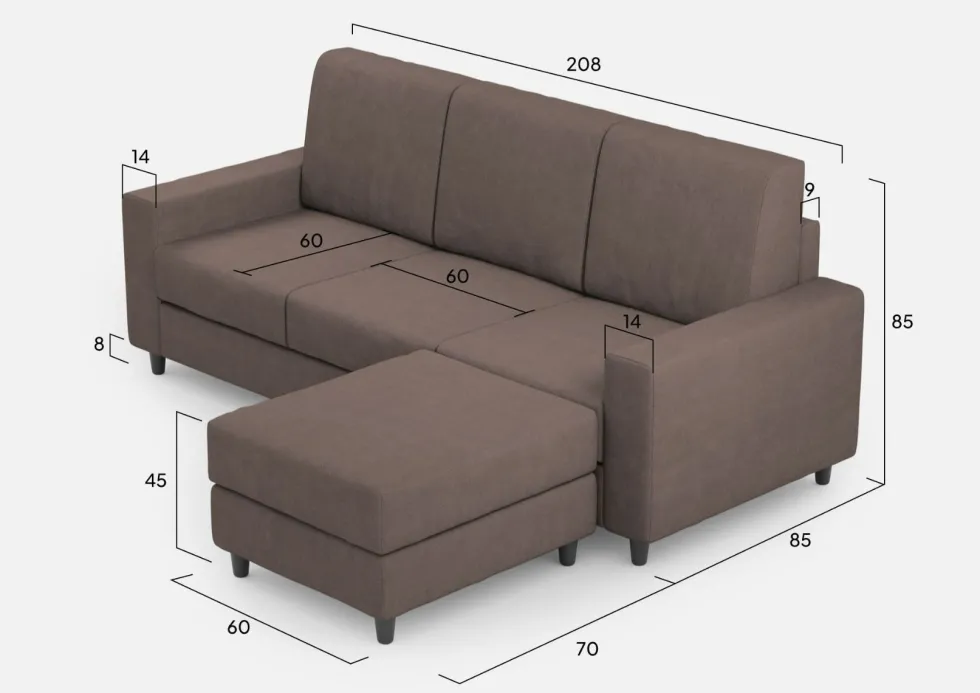 Divano 208x85cm design a tre posti con bracciolo moderno quadrato e pouf talpa DI17