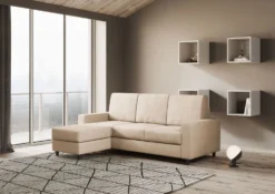 Divano 208x85cm design a tre posti con bracciolo moderno quadrato e pouf beige DI17