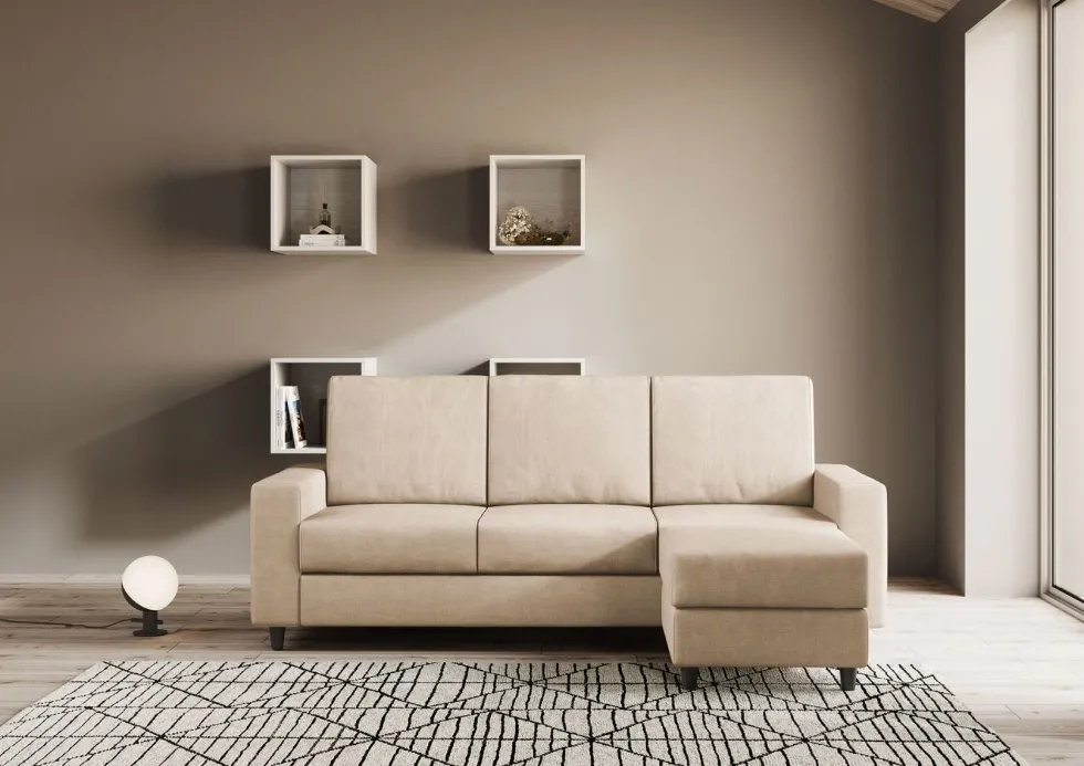 Divano 208x85cm design a tre posti con bracciolo moderno quadrato e pouf beige DI17
