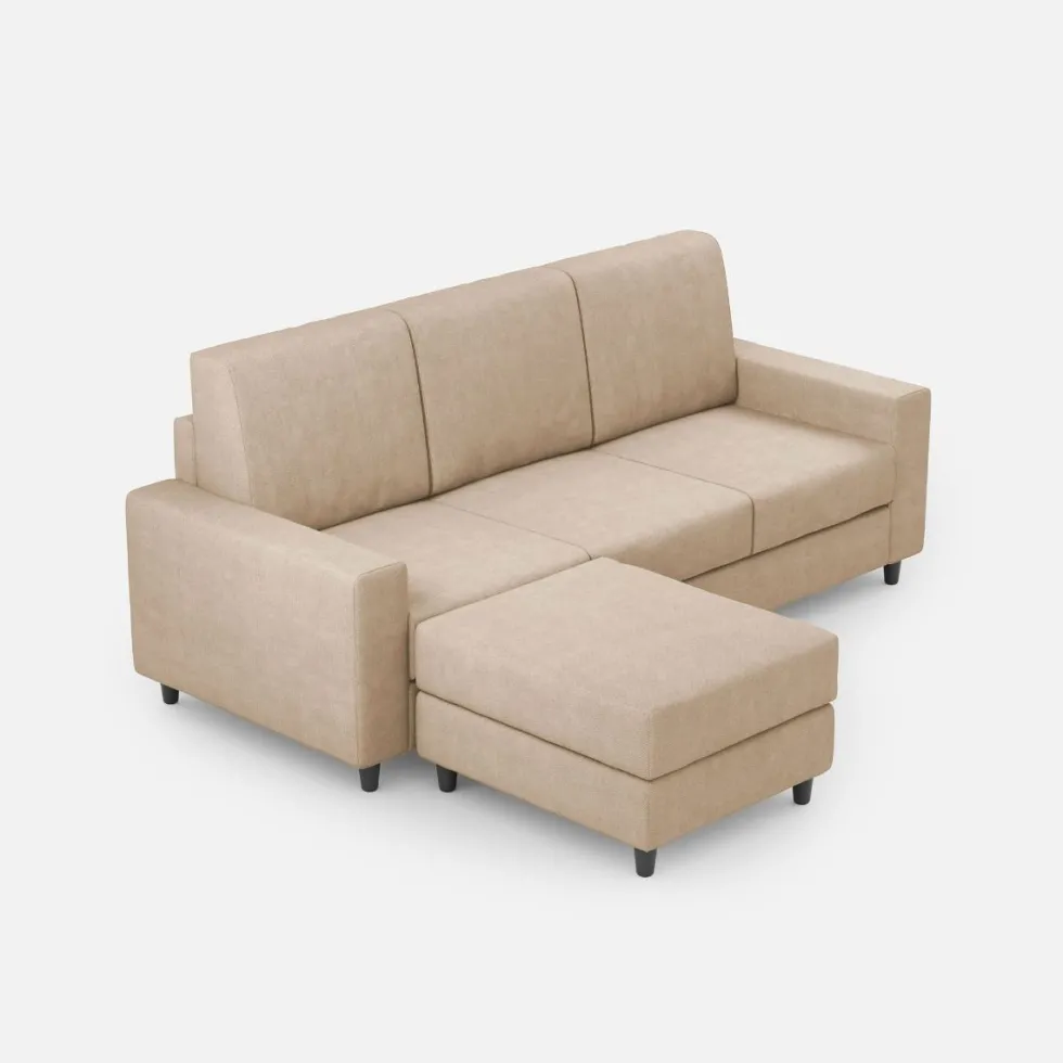 Divano 208x85cm design a tre posti con bracciolo moderno quadrato e pouf beige DI17