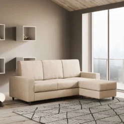 Divano 208x85cm design a tre posti con bracciolo moderno quadrato e pouf beige DI17