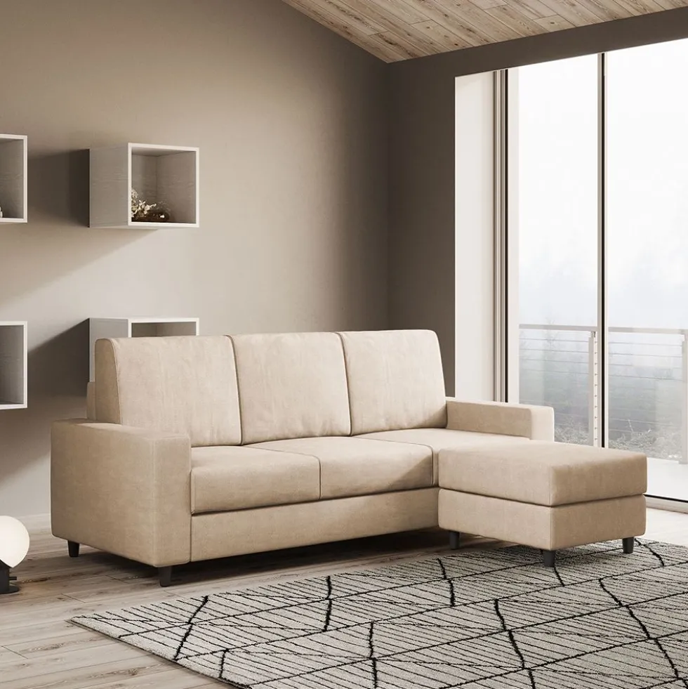 Divano 208x85cm design a tre posti con bracciolo moderno quadrato e pouf beige DI17