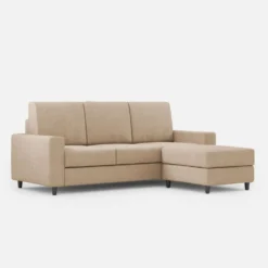 Divano 208x85cm design a tre posti con bracciolo moderno quadrato e pouf beige DI17