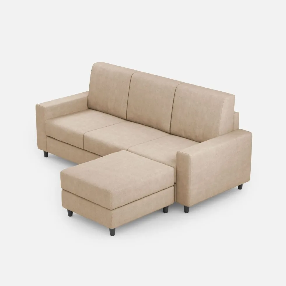 Divano 208x85cm design a tre posti con bracciolo moderno quadrato e pouf beige DI17