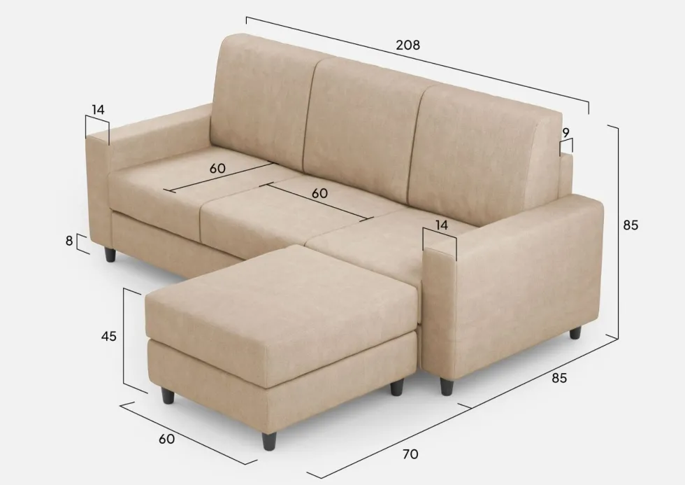 Divano 208x85cm design a tre posti con bracciolo moderno quadrato e pouf beige DI17