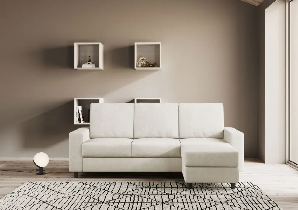 Divano 208x85cm design a tre posti con bracciolo moderno quadrato e pouf bianco latte DI17