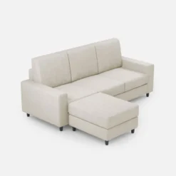 Divano 208x85cm design a tre posti con bracciolo moderno quadrato e pouf bianco latte DI17