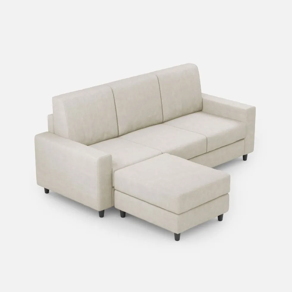 Divano 208x85cm design a tre posti con bracciolo moderno quadrato e pouf bianco latte DI17