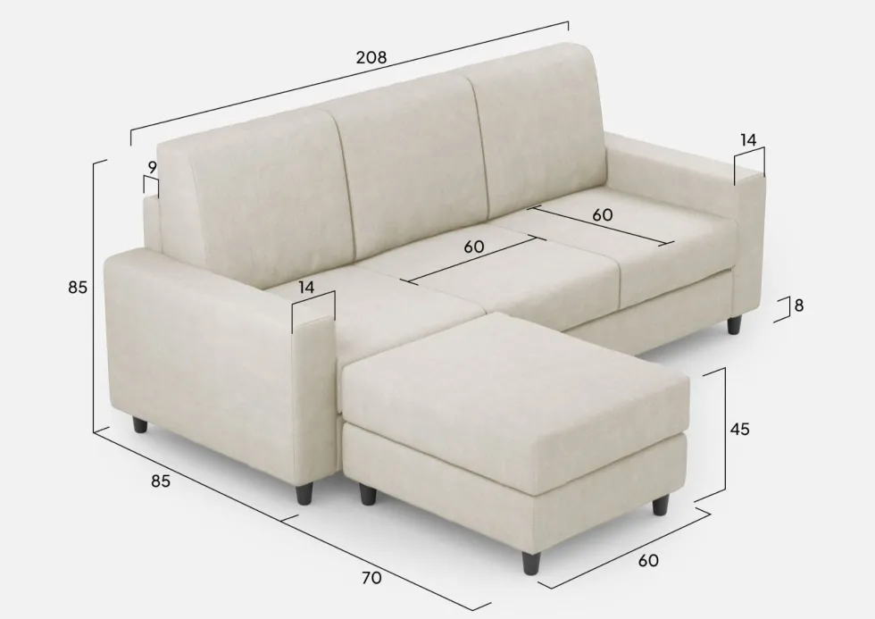 Divano 208x85cm design a tre posti con bracciolo moderno quadrato e pouf bianco latte DI17