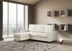 Divano 208x85cm design a tre posti con bracciolo moderno quadrato e pouf bianco latte DI17