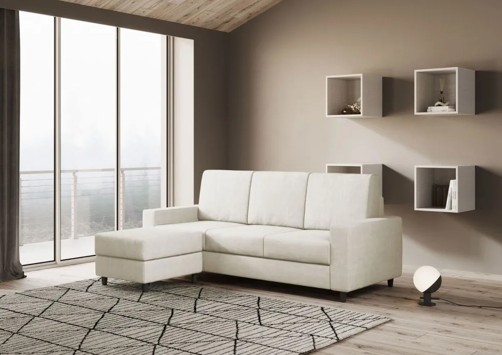 Divano 208x85cm design a tre posti con bracciolo moderno quadrato e pouf bianco latte DI17