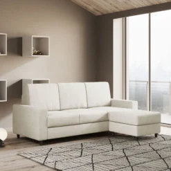 Divano 208x85cm design a tre posti con bracciolo moderno quadrato e pouf bianco latte DI17
