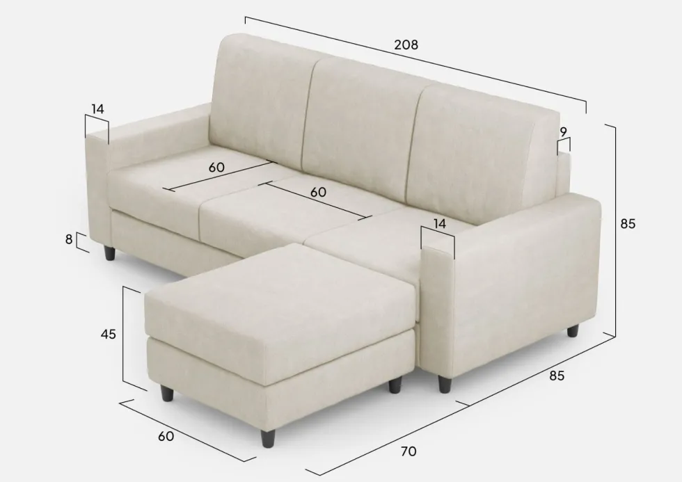 Divano 208x85cm design a tre posti con bracciolo moderno quadrato e pouf bianco latte DI17