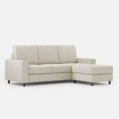 Divano 208x85cm design a tre posti con bracciolo moderno quadrato e pouf bianco latte DI17