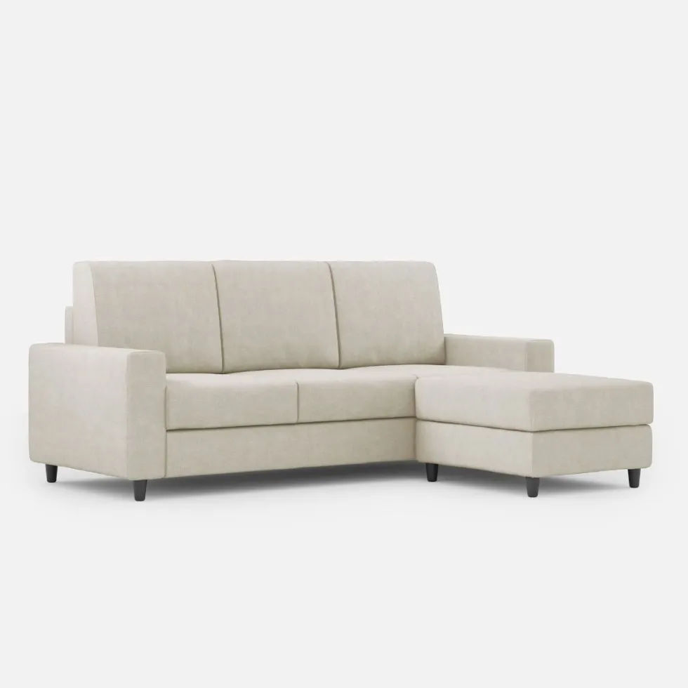 Divano 208x85cm design a tre posti con bracciolo moderno quadrato e pouf bianco latte DI17