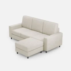 Divano 208x85cm design a tre posti con bracciolo moderno quadrato e pouf bianco latte DI17