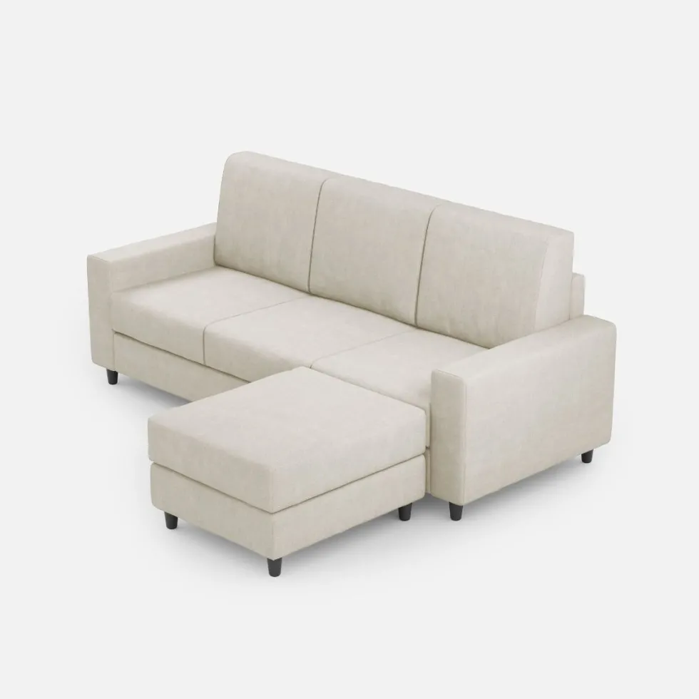 Divano 208x85cm design a tre posti con bracciolo moderno quadrato e pouf bianco latte DI17