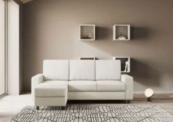 Divano 208x85cm design a tre posti con bracciolo moderno quadrato e pouf bianco latte DI17