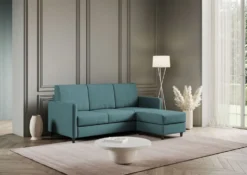 Divano 198x85cm design a tre posti comodo con pouf tessuto idrorepellente blu petrolio DI28