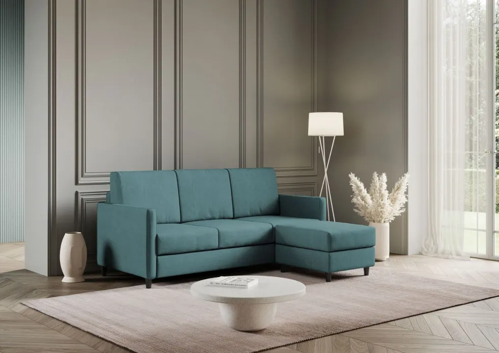Divano 198x85cm design a tre posti comodo con pouf tessuto idrorepellente blu petrolio DI28