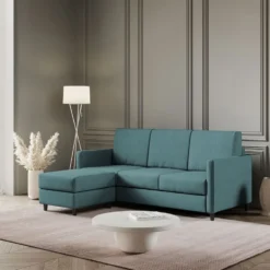 Divano 198x85cm design a tre posti comodo con pouf tessuto idrorepellente blu petrolio DI28