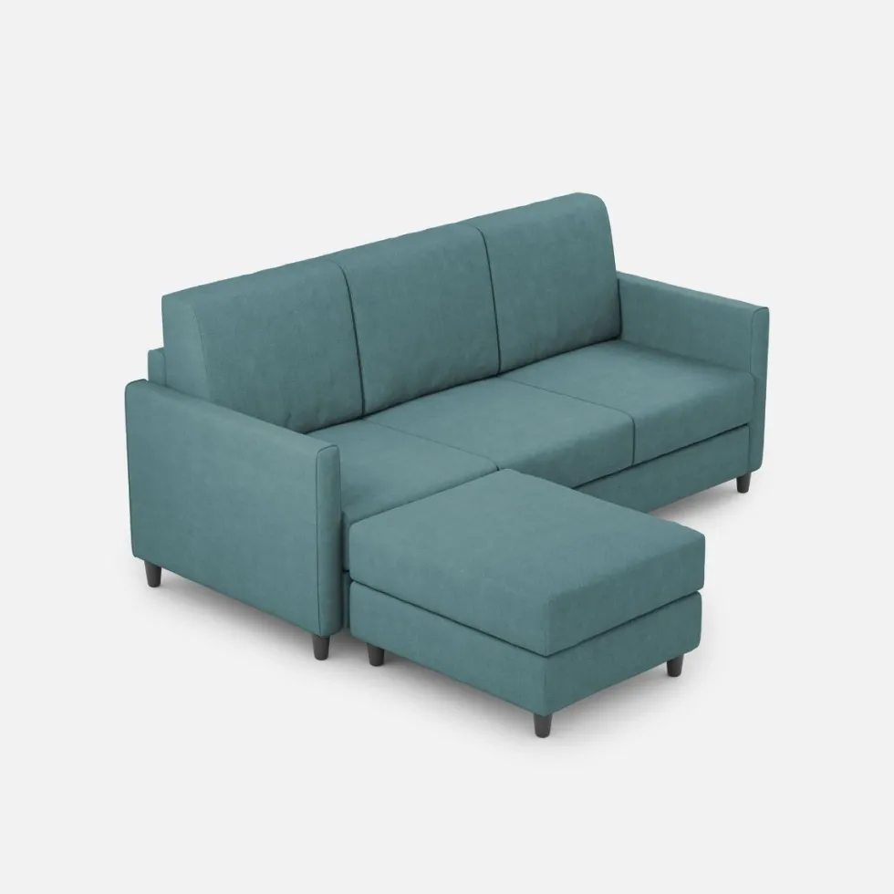 Divano 198x85cm design a tre posti comodo con pouf tessuto idrorepellente blu petrolio DI28